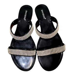 Bamboo Sandals‎ with Sparkly Straps, Black, Silver, Size 8